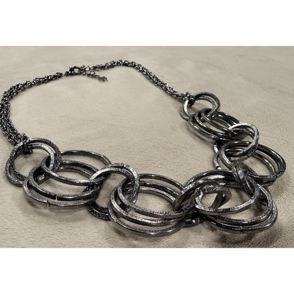Multi Ring Layered Necklace Silver Toned